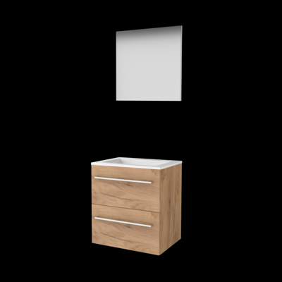 Basic-Line Basic 46 Badkamermeubelset - 60 x 46 cm - Met Grepen - 2 Lades - Acryl Wastafel - 1 Kraangat - Spiegel - Whisky Oak
