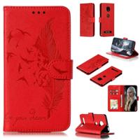 Feather patroon Litchi textuur horizontale Flip lederen draagtas met portemonnee & houder & kaartsleuven voor Motorola Moto Z4 Play (rood) - thumbnail
