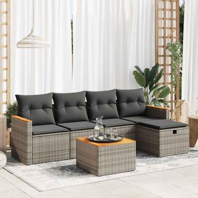 6-delige Loungeset met kussens poly rattan grijs