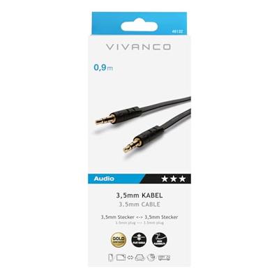 Vivanco 46132 Jackplug Audio Aansluitkabel [1x Jackplug male 3,5 mm - 1x Jackplug male 3,5 mm] 0.90 m Zwart Plat