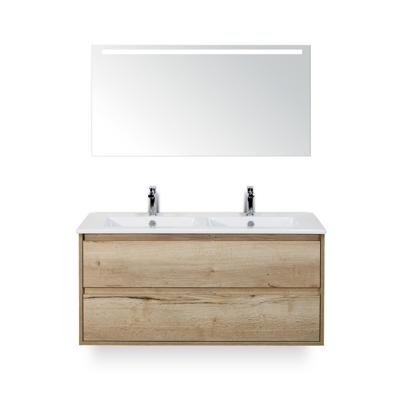 Porto Badmeubelset 120 cm - 2 laden Natuur Eiken - Keramische Wastafel Wit Slim - met Sence Spiegel