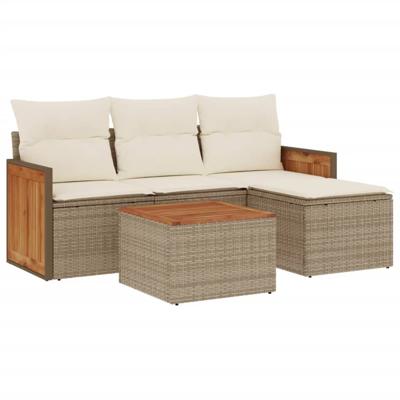 5-delige Loungeset met kussens poly rattan beige - thumbnail