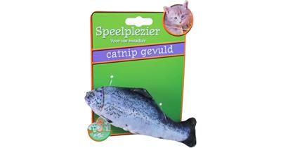 Kattenspeelgoed op kaart vis met catnip blauw/grijs, 11 cm.