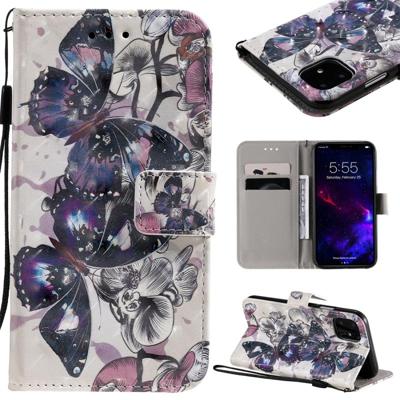 Voor iPhone 11 3D geschilderde patroon horizontale Flip leergeval met portemonnee & houder & kaartsleuven & Lanyard (zwarte vlinder)