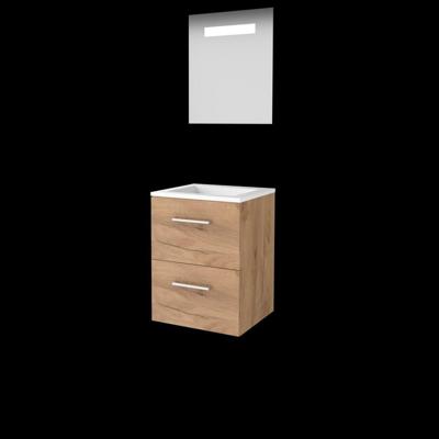 Basic-Line Economic 46 Badkamermeubelset - 50 x 46 cm - Met Grepen - 2 Lades - Acryl Wastafel - Zonder Kraangat - Spiegel met LED Verlichting - Whisky Oak