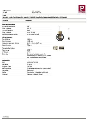 Paulmann Linja 79743 Hanglamp LED E27 20 W Messing (geborsteld), Rook Paulmann Linja 79743 Hanglamp LED E27 20 W Messing (geborsteld), Rook