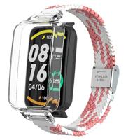By Qubix - Braided nylon bandje met case - Roze met wit - Xiaomi Smart band 7 Pro - thumbnail