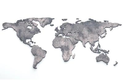 Schilderij - Metalen wereldkaart, Grijs, 2 maten, Premium print