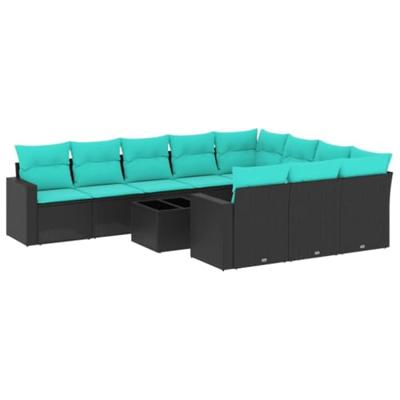 11-delige Loungeset met kussens poly rattan zwart