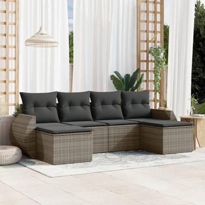 6-delige Loungeset met kussens poly rattan grijs - thumbnail