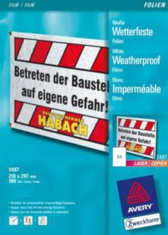 Avery-Zweckform 3487 Weerbestendige folie DIN A4 Laser (zwart/wit), Laser (kleur), Kopiëren (zwart/wit), Kopiëren (kleur) Wit 100 stuk(s) - thumbnail