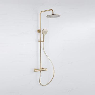 Fortifura Calvi Regendoucheset - thermostatisch - 25cm hoofddouche - gladde slang - ronde handdouche - Geborsteld Messing PVD (Goud) SW1159501 SW799449 SW728176