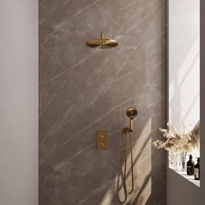 Brauer Gold Carving Thermostatische Regendoucheset Inbouw - Hoofddouche 30 cm - Gebogen Wandarm - 3 Weg - Handdouche 3 Standen - Doucheslang - Wandaansluitbocht - Geborsteld Goud