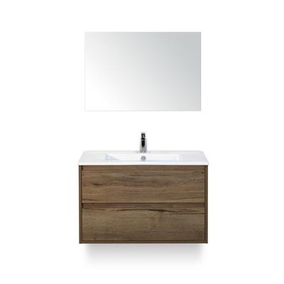 Porto Badmeubelset 90 cm - Tabacco - Keramische Wastafel Wit Slim - met Spiegel