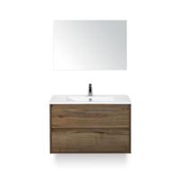 Porto Badmeubelset 90 cm - Tabacco - Keramische Wastafel Wit Slim - met Spiegel - thumbnail