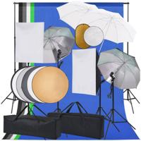 Fotostudioset met softboxlampen paraplu's achtergrond reflector - thumbnail