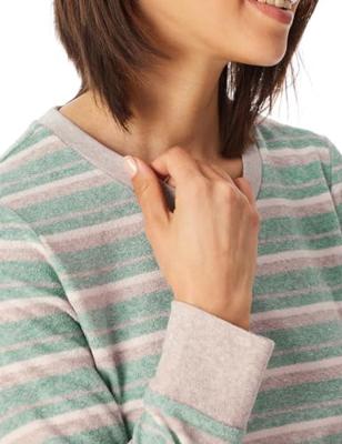 Dames pyjama badstof - Streep - Warme winter pyjama lange mouwen - Ronde hals - Met boordjes