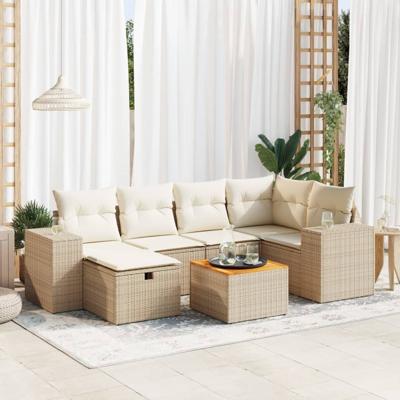 7-delige Loungeset met kussens poly rattan beige - thumbnail