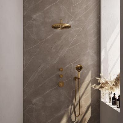 Brauer Gold Carving Thermostatische Regendoucheset Inbouw - Hoofddouche 30 cm - Gebogen Wandarm - Handdouche 3 Standen - Doucheslang - Wandaansluitbocht - Geborsteld Goud