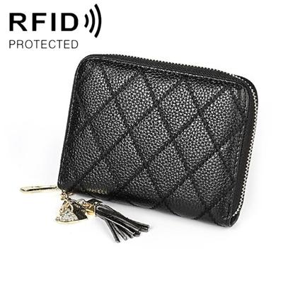 KB213 Diamond Texture Zipper Cowhide Leather Double Row Organ Shape Multiple Card Slots Anti-magnetic RFID Wallet Clutch Bag for Ladies (Black)