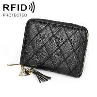 KB213 Diamond Texture Zipper Cowhide Leather Double Row Organ Shape Multiple Card Slots Anti-magnetic RFID Wallet Clutch Bag for Ladies (Black) - thumbnail