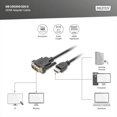 Digitus DB-330300-020-S HDMI-kabel HDMI / DVI Adapterkabel HDMI-A-stekker, DVI-D 18+1-polige stekker 2.00 m Zwart Rond, Vergulde steekcontacten, Afgeschermd