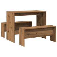 3-delige Eettafel en bankenset bewerkt hout artisanaal eiken - thumbnail