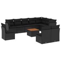 11-delige Loungeset met kussens poly rattan zwart - thumbnail