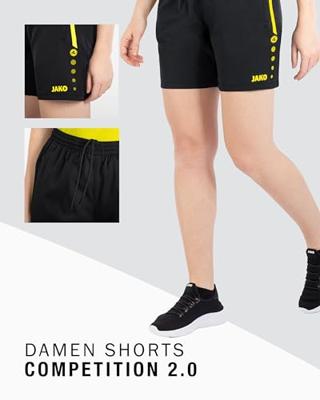 JAKO 6218D Short Competition 2.0 Dames - Zwart/Fluogeel - 38-40