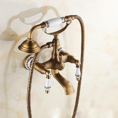 Antieke koperen muur gemonteerde badkamer tub kraan Dual keramiek behandelt telefoon stijl hand douche specificatie: blauwe en witte telefoon douche