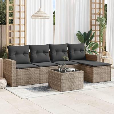 6-delige Loungeset met kussens poly rattan grijs