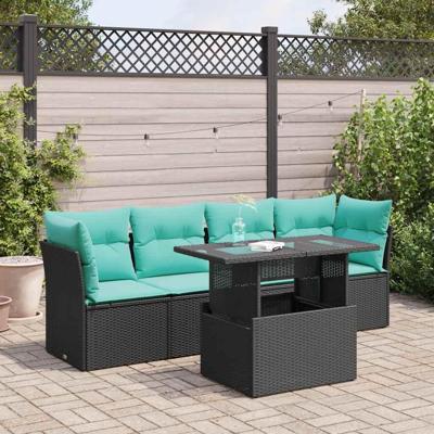 5-delige Loungeset met kussens poly rattan acacia zwart