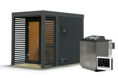 Karibu | Ares 2 Buitensauna | Antraciet-Antraciet | Biokachel 9 kW Externe Bediening