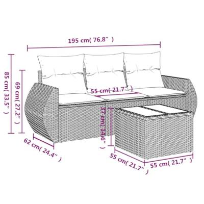 4-delige Loungeset met kussens poly rattan zwart