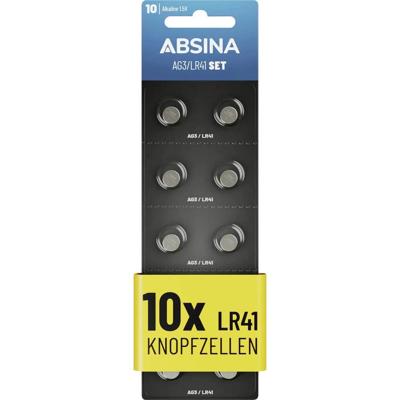 ABSINA AG3 LR41 Knoopcellen, verpakking van 10 stuks, 1,5 V alkaline-knoopcellen, lekvrij en met lange houdbaarheid, LR736, L736, G3, G3A, 3GA / 192 / GP192 / V3GA / RW87, knoopcelbatterijen, batterij