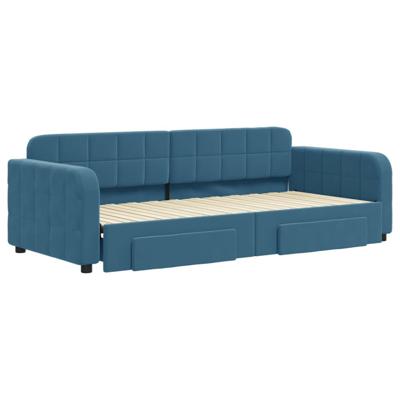 Slaapbank met onderschuifbed en lades 90x200 cm fluweel blauw