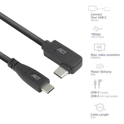 ACT USB 3.0 10Gbps 60W USB Type-C - USB Type-C (haaks horizontaal) 0.5m