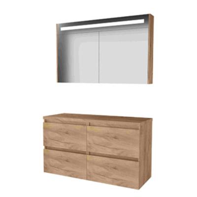 Basic-Line Premium 46 Badkamermeubelset - 120 x 46 cm - Greeploos - 4 Lades - Wastafelblad - Spiegelkast met LED Verlichting - Whisky Oak