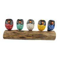 Houten Beeld Vijf Uilen op een Tak - thumbnail