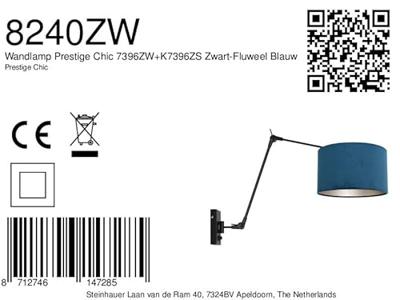 Steinhauer Zwarte wand leeslampPrestige Chic met blauw velvet - 8240ZW