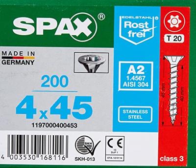 SPAX 1197000400453 R 88091 Senkkopf T-STAR Houtschroef 4 mm 45 mm T-STAR plus RVS A2 200 stuk(s)