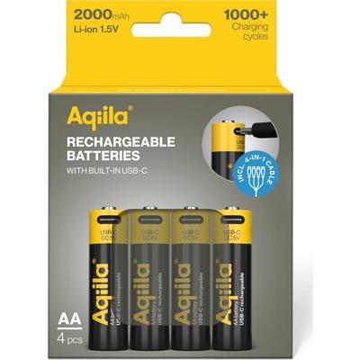 Aqiila AA USB-C Rechargable Battery 1.5V 2000mAh Li-Ion (4x)