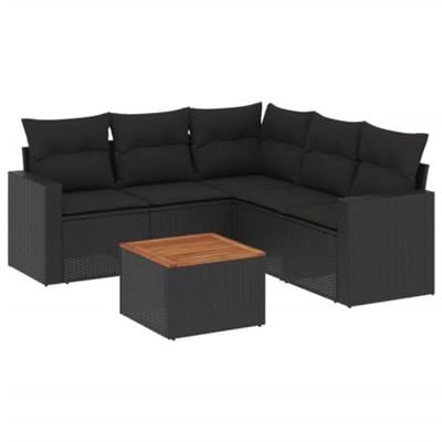 6-delige Loungeset met kussens poly rattan zwart