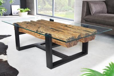 Design salontafel BARRACUDA 130cm Gerecycled teakhouten glazen blad zwart RVS industrieel - 43344