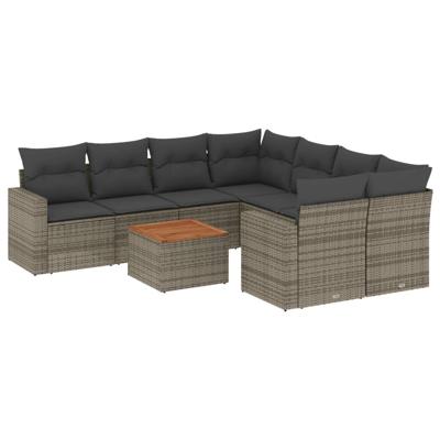 9-delige Loungeset met kussens poly rattan grijs