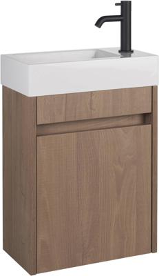 Saqu Florence voorgemonteerd fonteinmeubel in Toffee met mineraalmarmeren fontein en zwarte kraan rechts