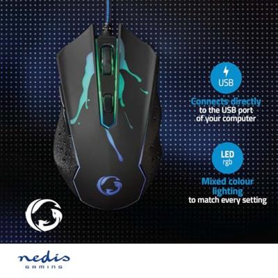 Gaming Muis | Bedraad | DPI: 1200 / 1800 / 2400 / 3600 dpi | Instelbare DPI | Aantal knoppen: 6 | Programmeerbare knoppen | Rechtshandig | 1.50 m | LED