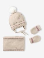 Geborduurde hartjes babyset muts, snood en wanten goudbeige - thumbnail