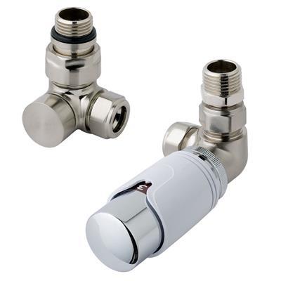 Eastbrook Valve radiator aansluitset haaks gedraaid met thermostaat 15mm RVS/wit Eastbrook Valve radiator aansluitset haaks gedraaid met thermostaat 15mm RVS/wit