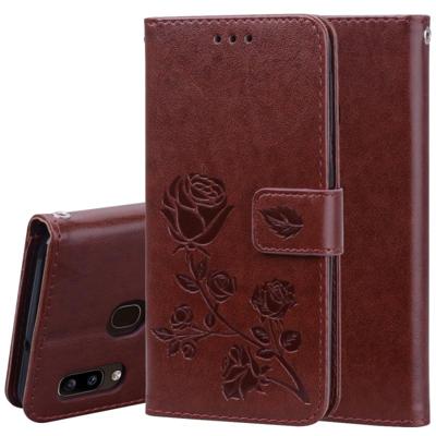 Voor Galaxy A20e ingedrukt afdrukken Rose patroon horizontale Flip PU lederen draagtas met houder & kaartsleuven & portemonnee (bruin)